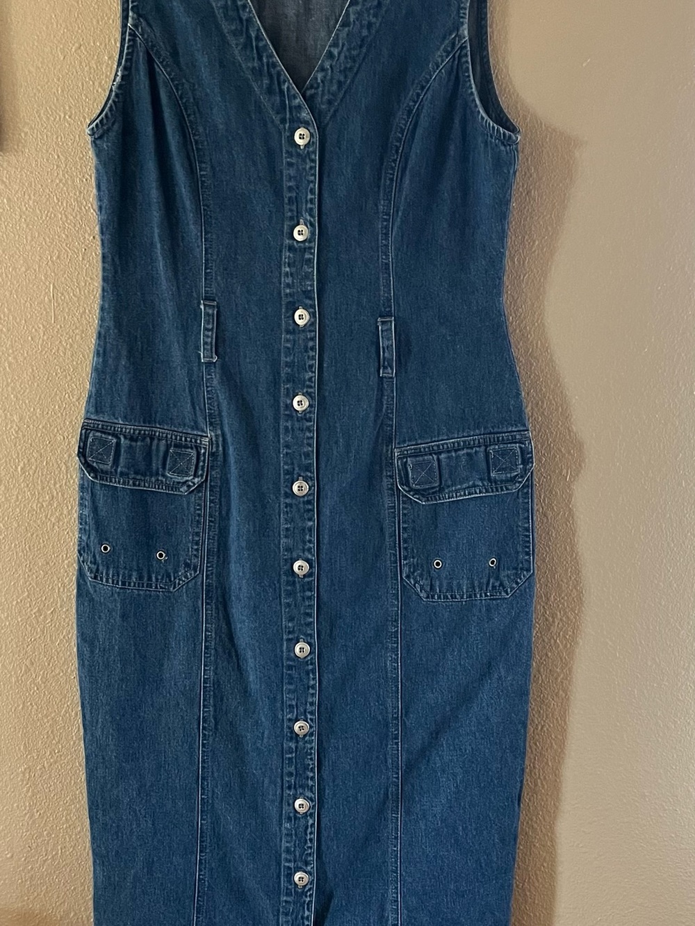 Sleeveless Button-Front Denim Dress in Dark Blue